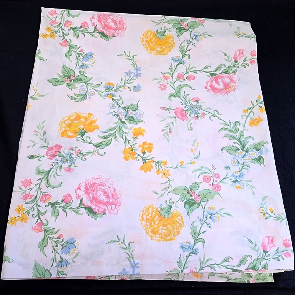 Perma-Prest Floral Flat Sheet White Pink Yellow Muslin Vintage